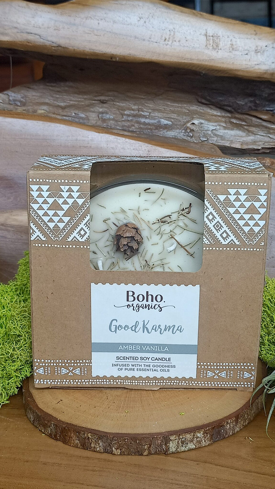 Candela cera di soia boho collection GOOD KARMA ambra/vaniglia 200 gr.