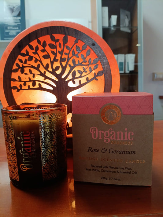 Candela Organic Goodness in cera di soia e frammenti di Rosa & Geranio gr 200