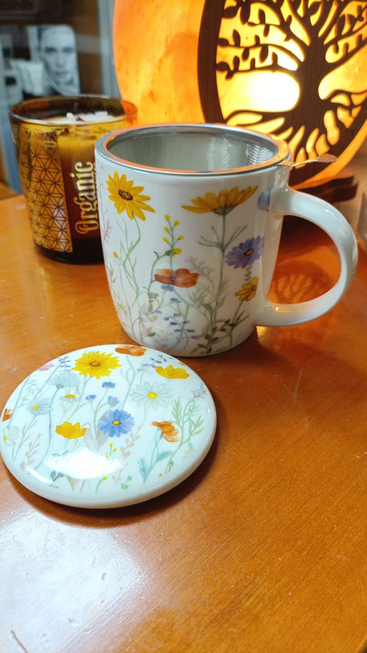 Tazza Mug in ceramica con Infusore e Coperchio fiori ML 380