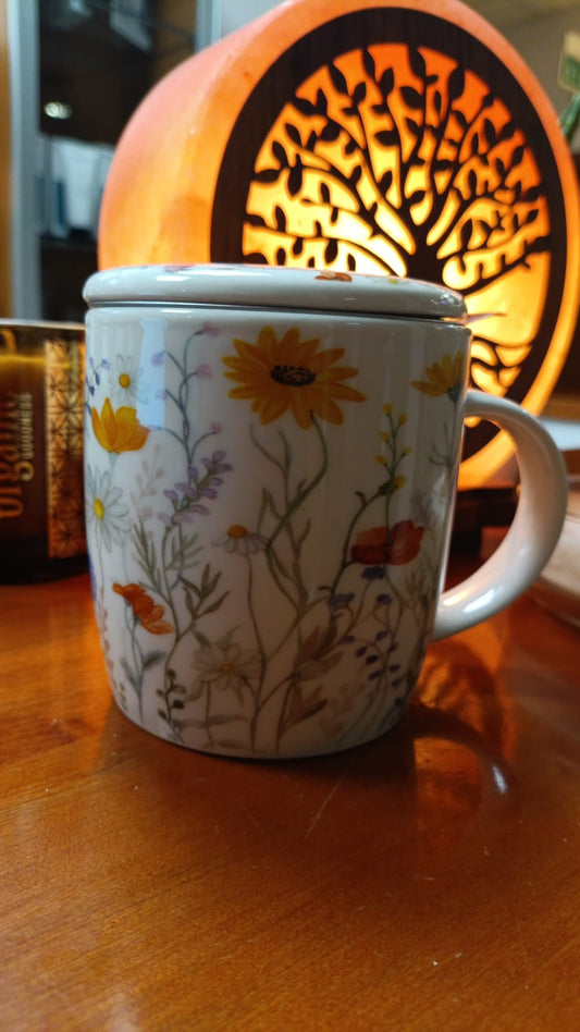 Tazza Mug in ceramica con Infusore e Coperchio fiori ML 380